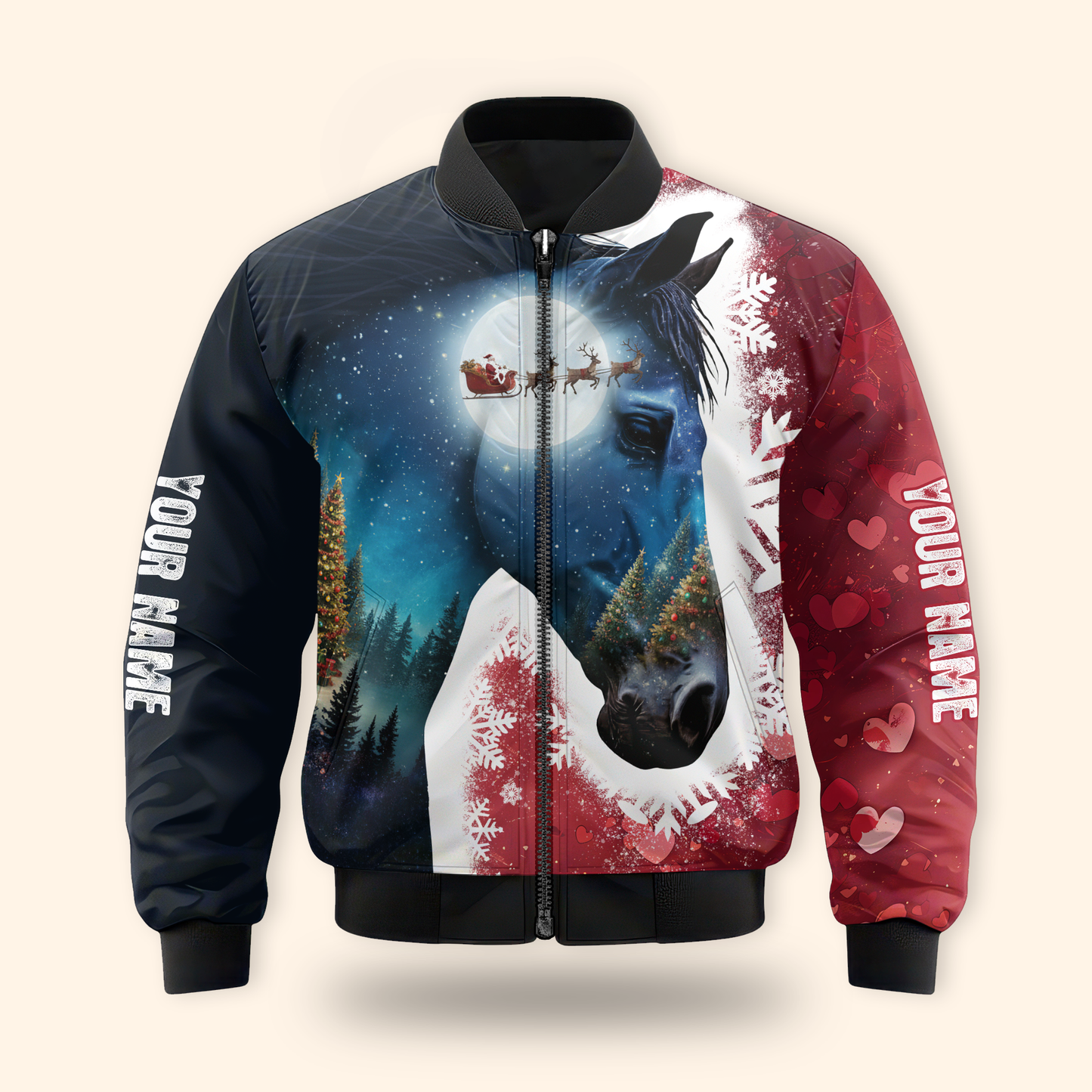 Personalized Horse Christmas Hoodie – Custom Name Zip Up, Winter Moonlight Horse & Santa Sleigh Sweatshirt Gift