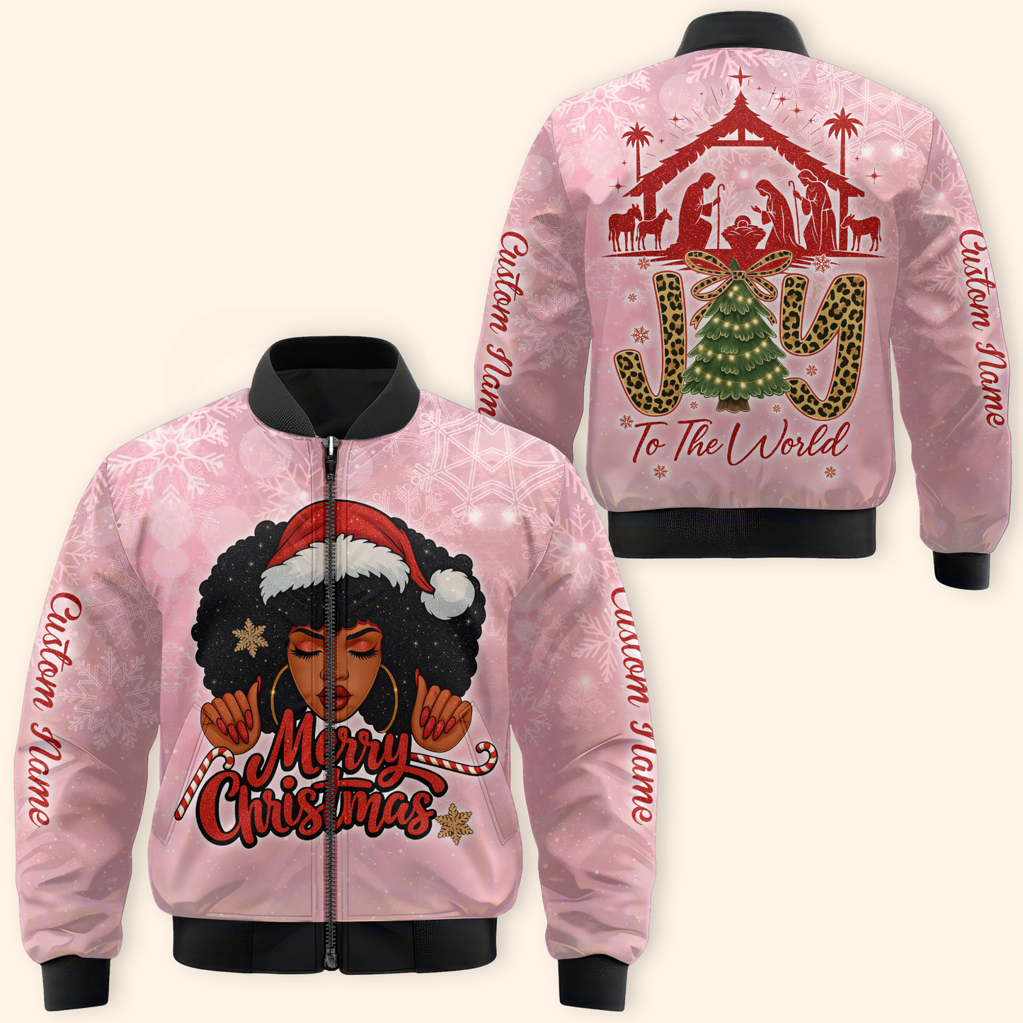Christian Christmas Hoodie – Joy To The World, Black Girl Santa Zip Up, Custom Name Holiday Hoodie