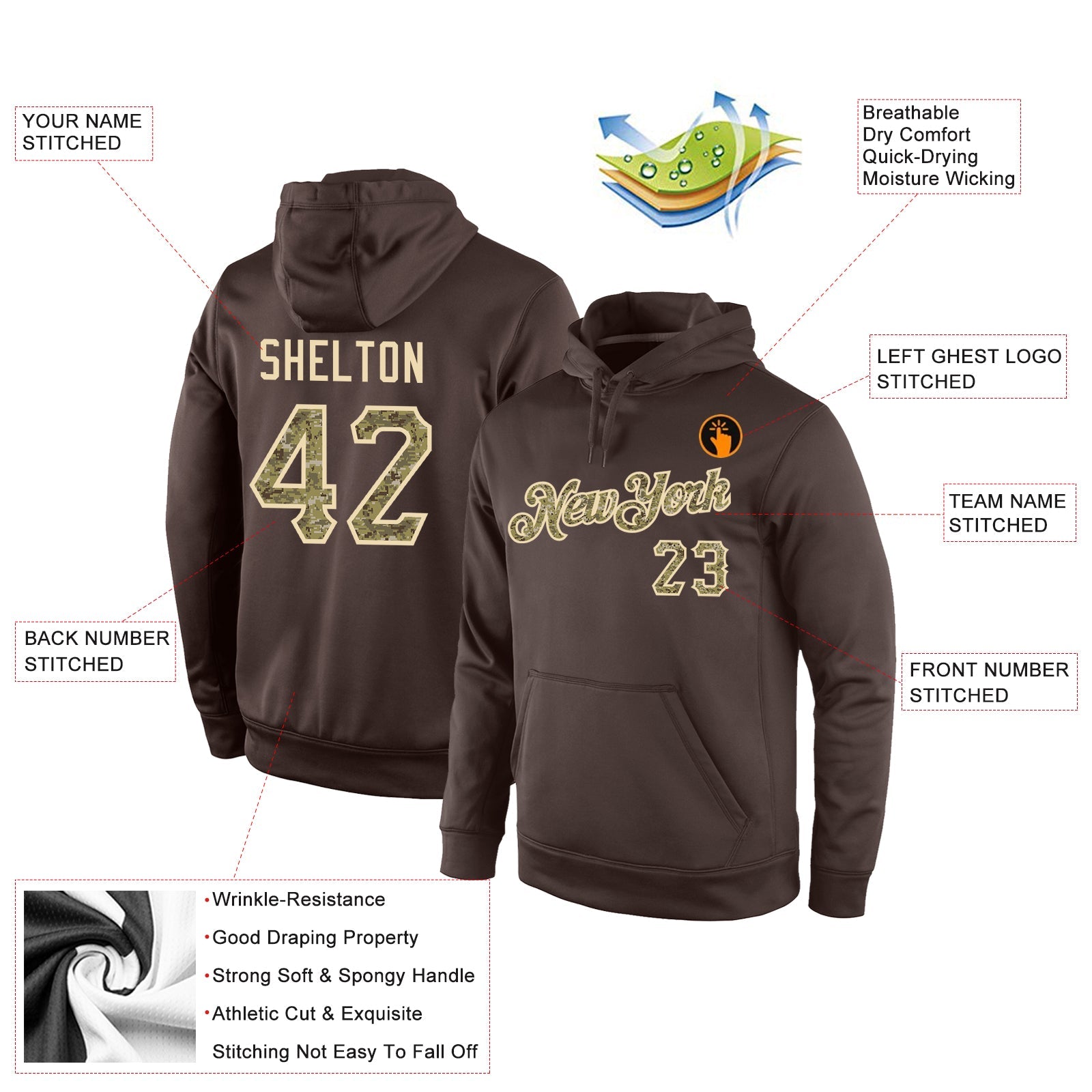 Custom Stitched Brown Camo-Cream Sports Pullover Sweatshirt Hoodie