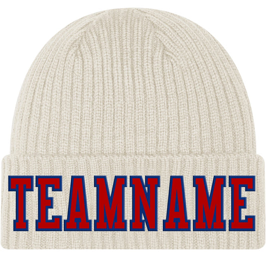 Custom Cream Red-Royal Stitched Cuffed Knit Hat
