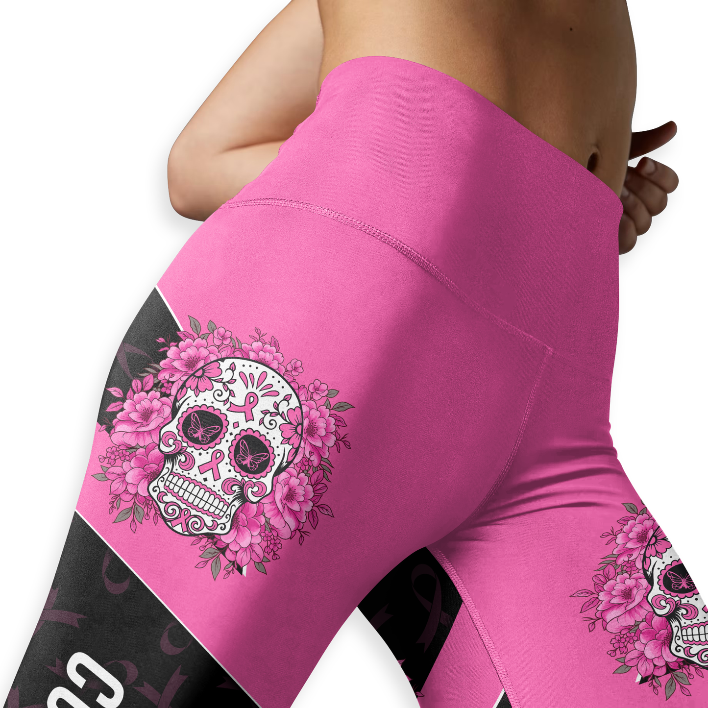 Personalized Pink Ribbon Floral Sugar Skull Leggings and Tank Outfit