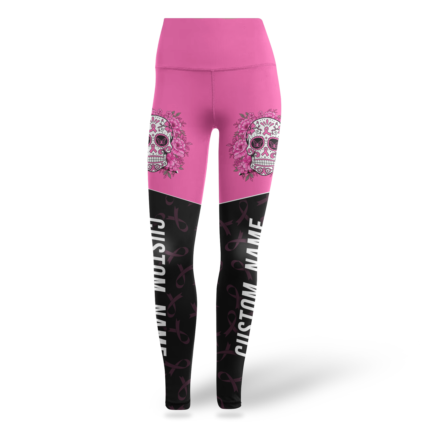Personalized Pink Ribbon Floral Sugar Skull Leggings and Tank Outfit