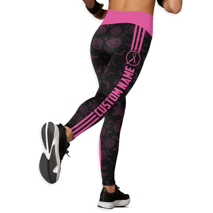 Personalized "Fight Like A Girl" Pink Halloween Pumpkin & Bat Leggings and Tank Outfit, Custom Choo