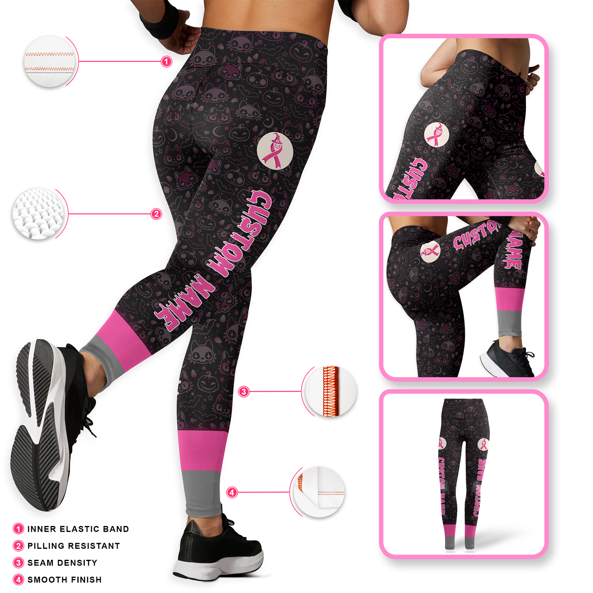 Pink Ribbon Halloween Witch Cat Tank Top & Leggings Set, Custom Choo