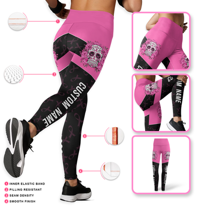 Personalized Pink Ribbon Floral Sugar Skull Leggings and Tank Outfit