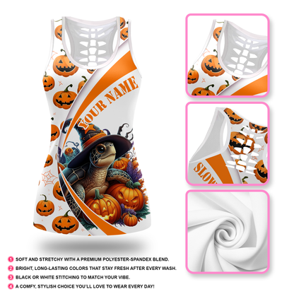 Personalized Turtle Halloween Outfit – Slow But Spooky Pumpkin Tank Top & Leggings Set, Custom Choo