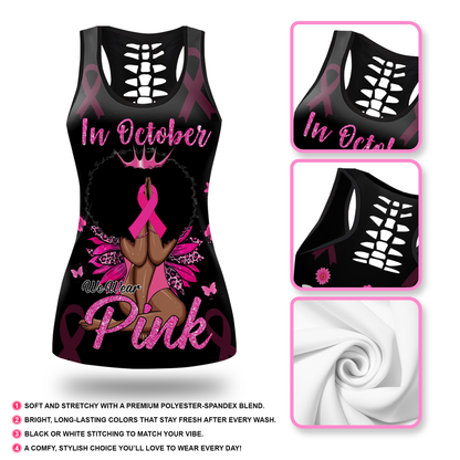 Personalized In October We Wear Pink Black Queen - Leggings and Hollow Tank Set, Custom Choo