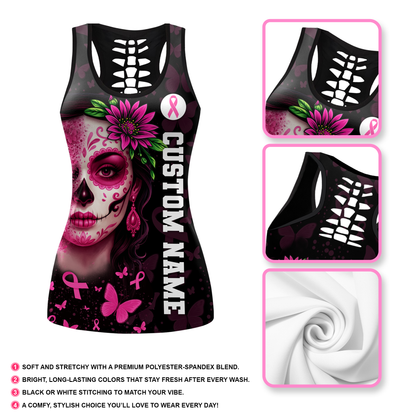 Personalized Pink Ribbon Floral Calavera & Butterfly Leggings and Tank Outfit
