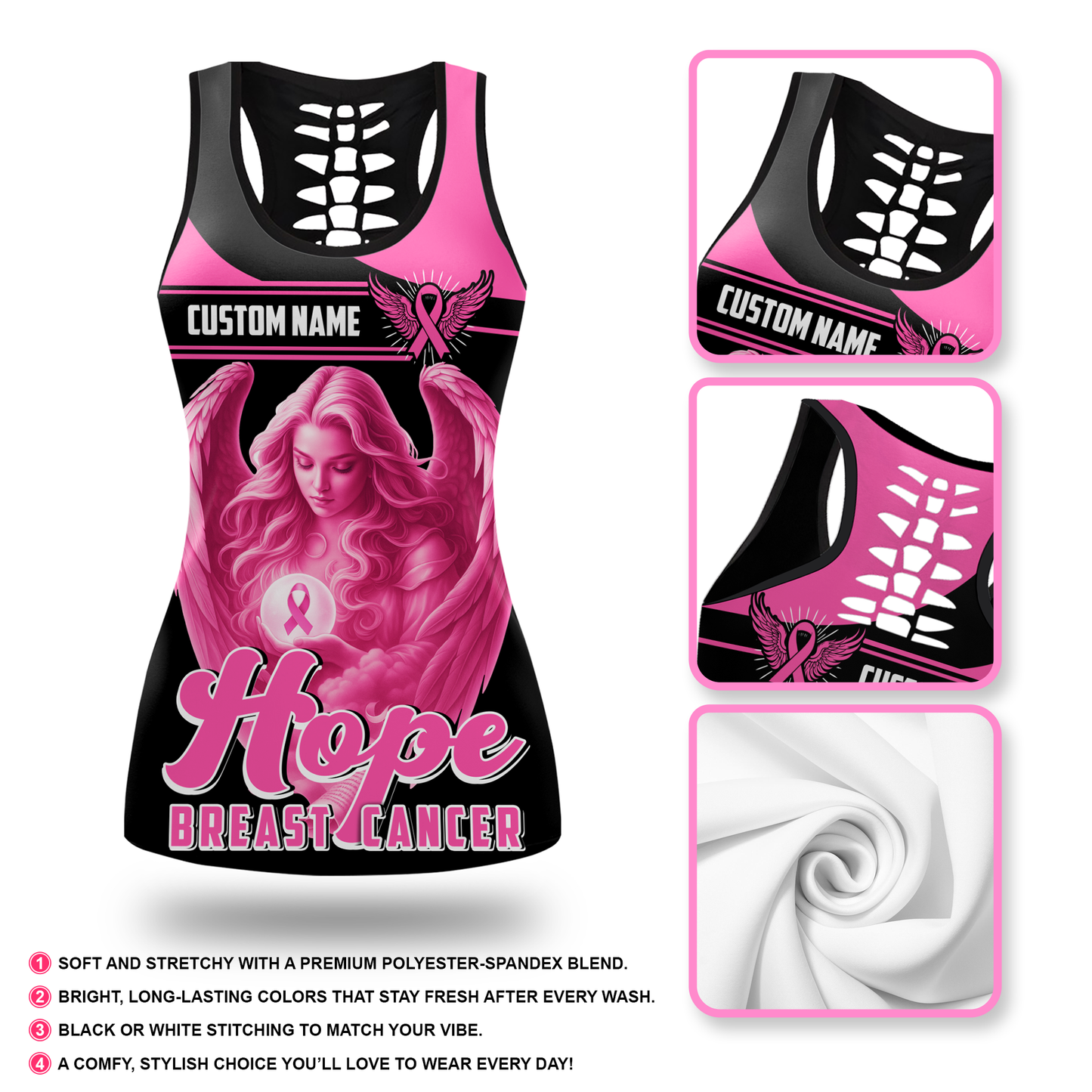Personalized Breast Cancer Angel of Hope Leggings and Hollow Tank Set, Custom Choo