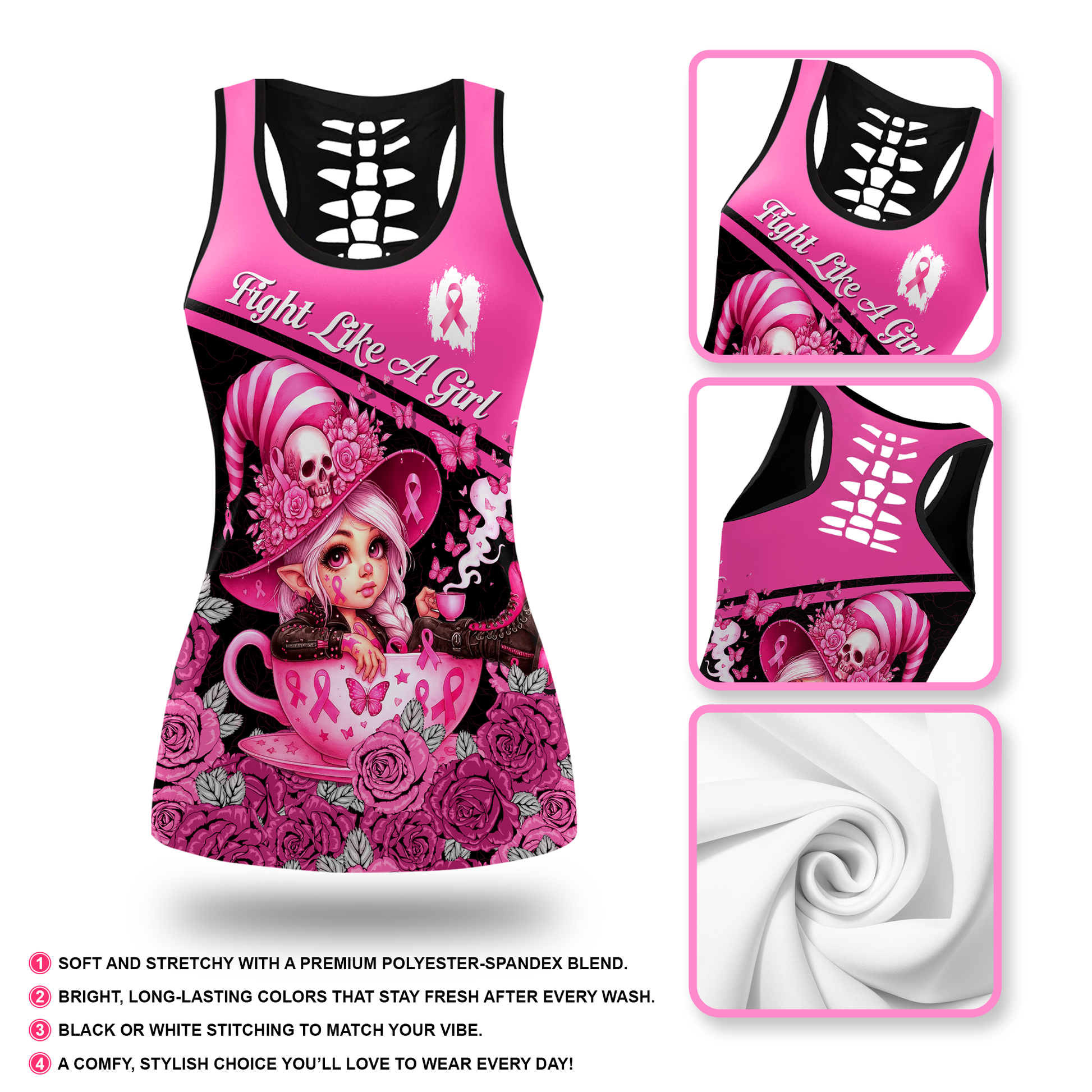 Personalized "Fight Like A Girl" Breast Cancer Awareness Hollow Tank Top and Leggings Set, Custom Choo