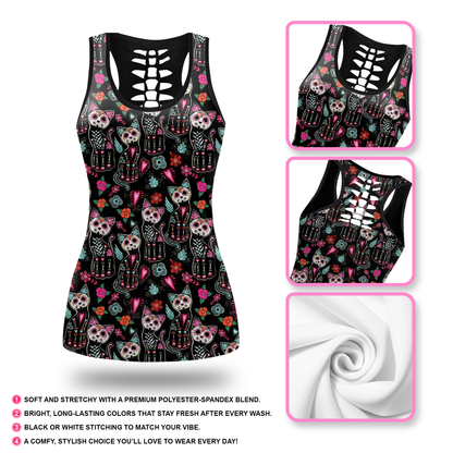Sugar Skull Cat Leggings & Tank Top Set – Day of the Dead Workout Outfit for Women, Custom Choo