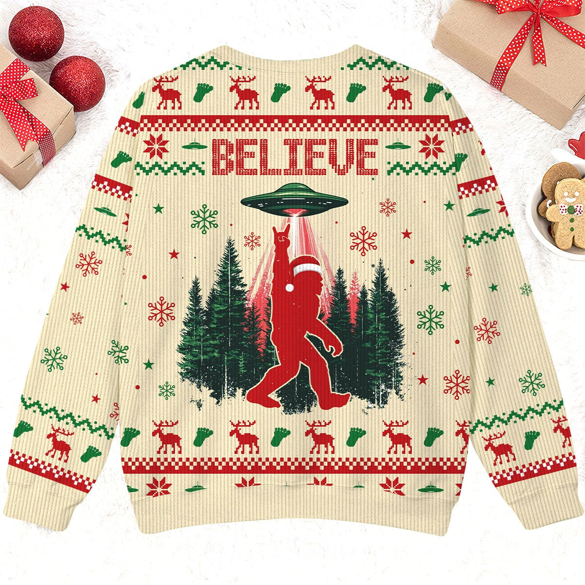 Believe In Bigfoot UFO Christmas - Funny Ugly Christmas Sweater
