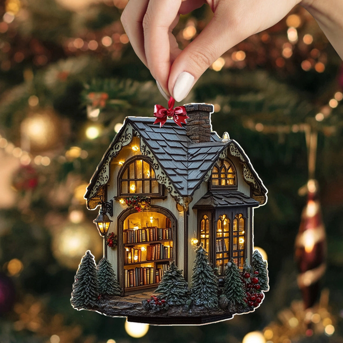 Bestchoo 2D Acrylic Ornament Cozy Library Cottage
