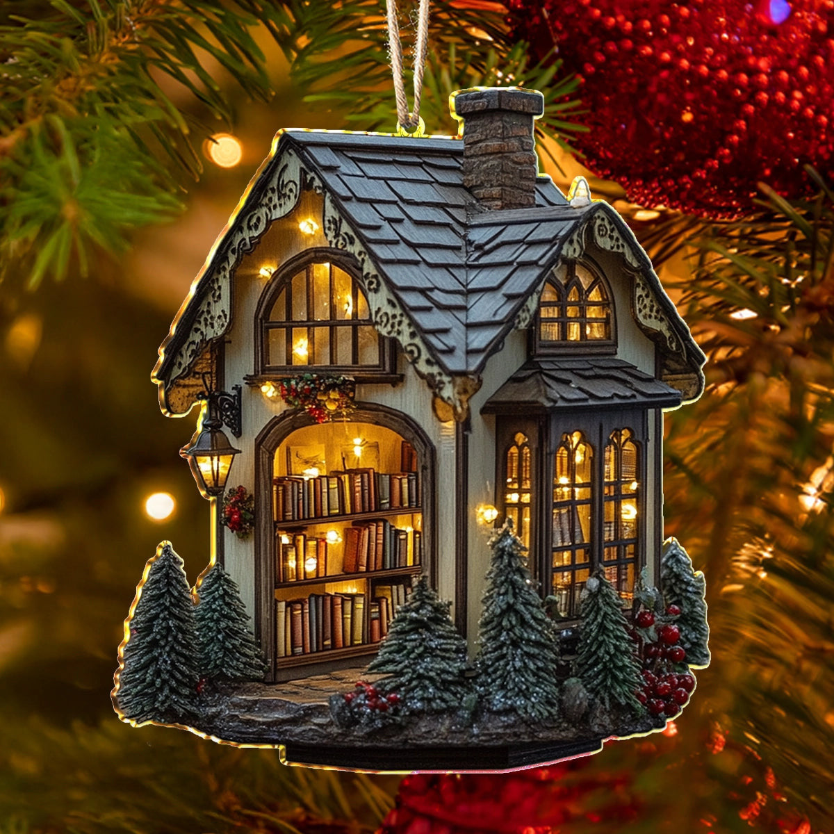 Bestchoo 2D Acrylic Ornament Cozy Library Cottage