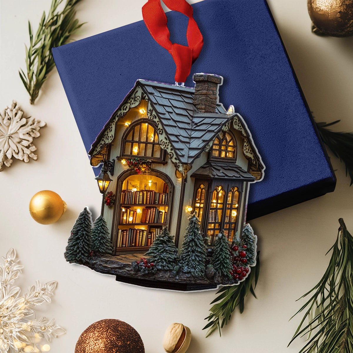 Bestchoo 2D Acrylic Ornament Cozy Library Cottage