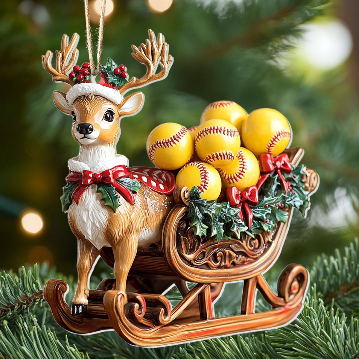 Bestchoo 2D Acrylic Ornament - Reindeer Softball Sleigh