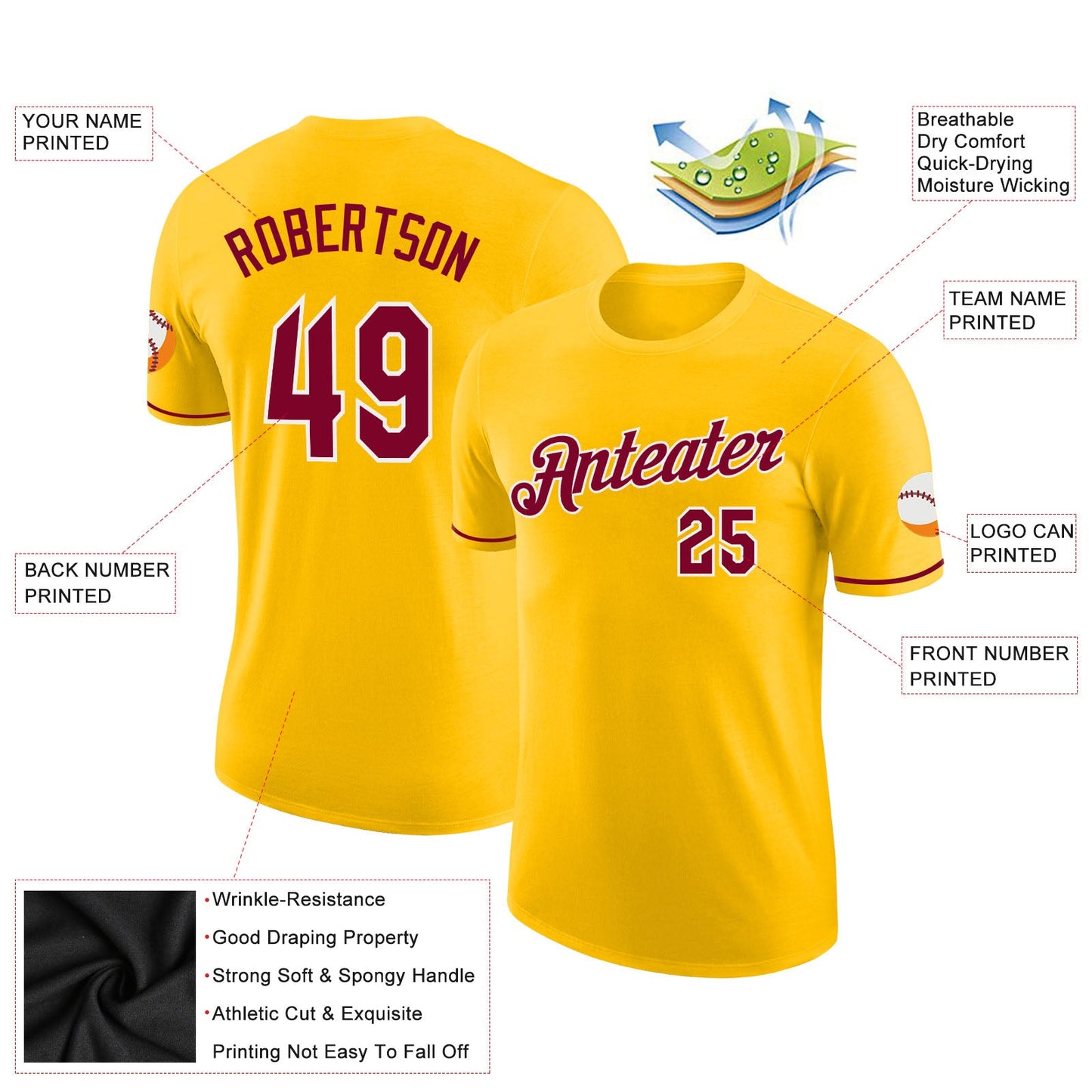 Custom Gold Maroon-White Performance T-Shirt
