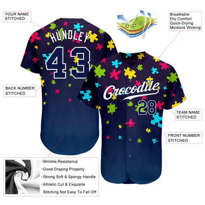 Custom Autism Supporter Awareness Puzzle Pieces Navy-White 3D Authentic Baseball Jersey