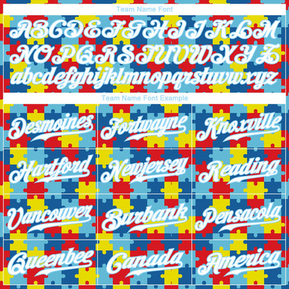 Custom Autism Supporter Awareness Puzzle Pieces Light Blue-White 3D Authentic Baseball Jersey
