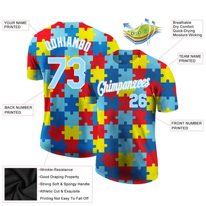 Custom Autism Supporter Awareness Puzzle Pieces Light Blue-White 3D Performance T-Shirt