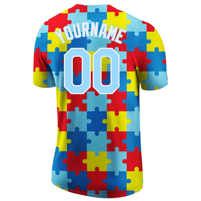 Custom Autism Supporter Awareness Puzzle Pieces Light Blue-White 3D Performance T-Shirt