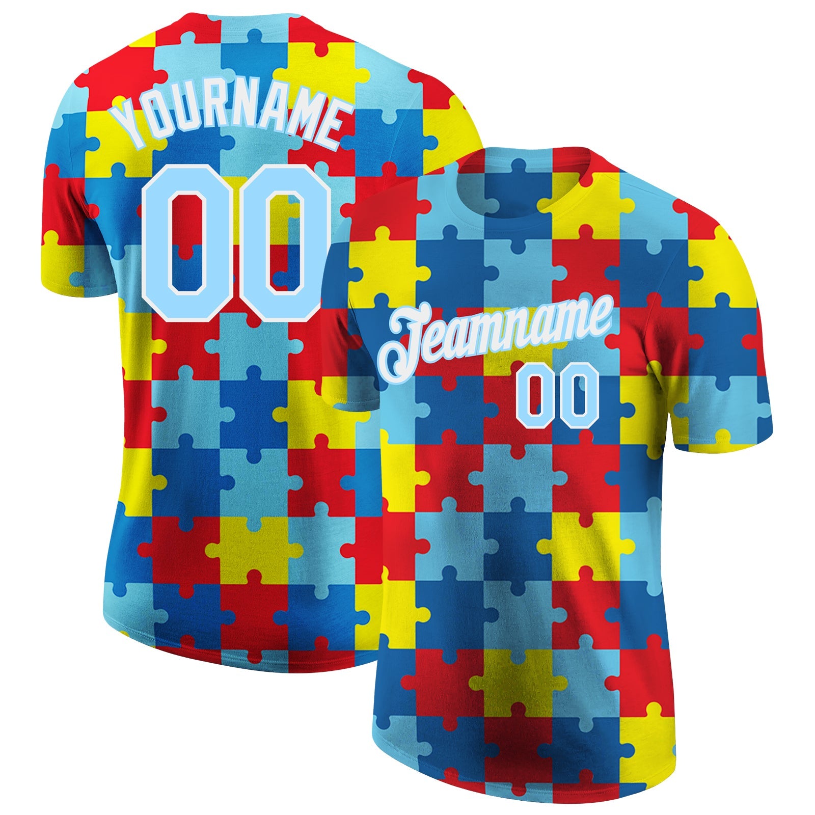 Custom Autism Supporter Awareness Puzzle Pieces Light Blue-White 3D Performance T-Shirt