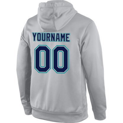 Custom Stitched Gray Navy-Aqua Sports Pullover Sweatshirt Hoodie
