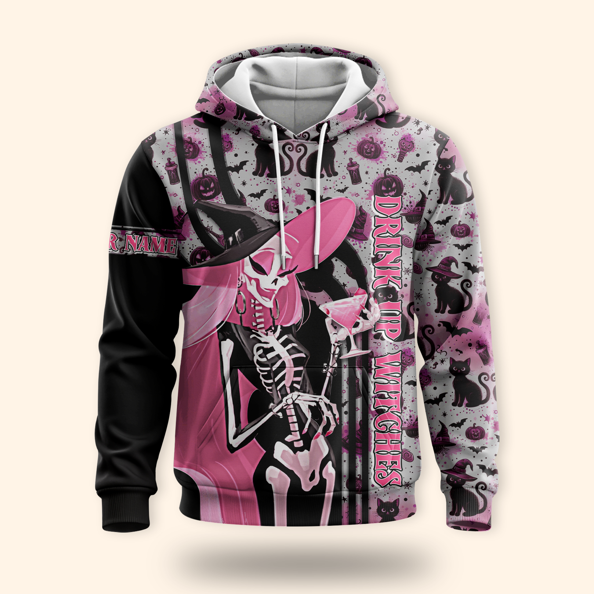 Personalized Halloween Hoodie – Drink Up Witches Pink Black Gothic Jacket, Custom Choo