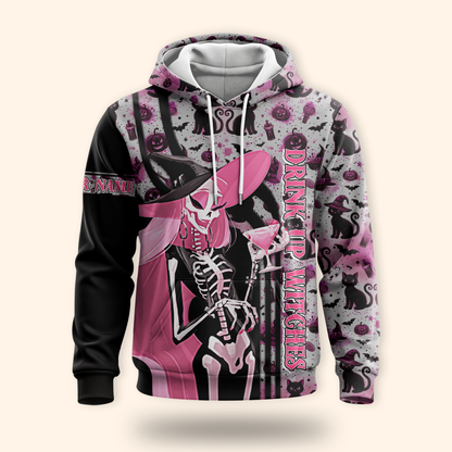 Personalized Halloween Hoodie – Drink Up Witches Pink Black Gothic Jacket, Custom Choo