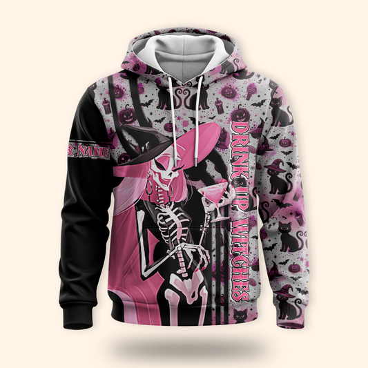 Personalized Halloween Hoodie – Drink Up Witches Pink Black Gothic Jacket, Custom Choo