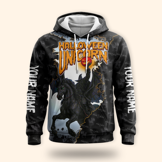 Halloween Unicorn Hoodie – Spooky Black Unicorn Zip Up Jacket, Custom Name Gift, Custom Choo