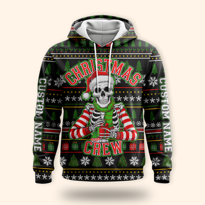 Funny Skeleton Christmas Hoodie – Custom Name Christmas Crew Zip Up
