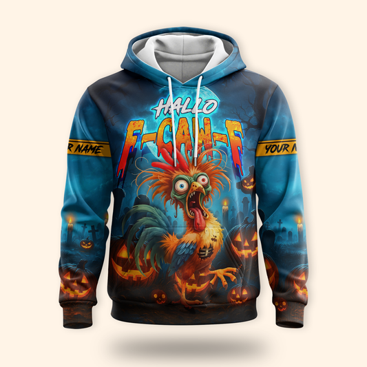 Funny Chicken Halloween Hoodie – Hallo F-Caw-F Scared Rooster – Custom Name Zip Up Hoodie, Custom Choo