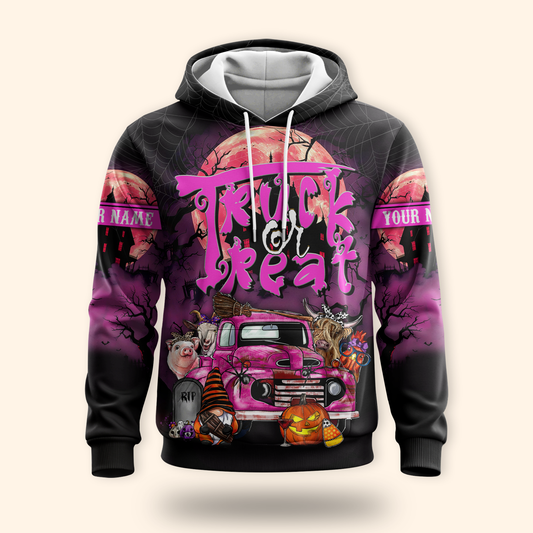 Trick or Treat Truck Hoodie – Halloween Farm Animals & Pumpkin Zip Up, Custom Name, Custom Choo