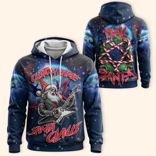 Hail Santa Hoodie – Rock Santa Claus Christmas Hoodie, Personalized Name Gift for Metal Fans
