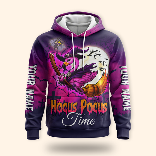 Personalized Hocus Pocus Hoodie – Flamingo Witch on Broom Halloween Zip Up, Custom Choo