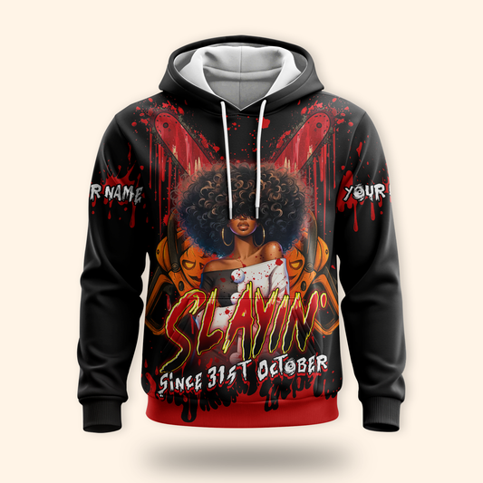 Slayin’ Since 31st October Hoodie – Custom Name Halloween Horror Afro Girl Jacket, Custom Choo