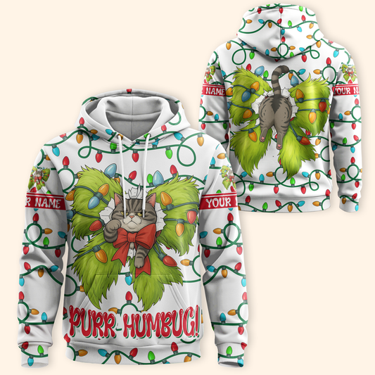 Funny Grinch Cat Christmas Hoodie – Purr Humbug Zip Up, Personalized Name Gift for Cat Lovers, Custom Choo