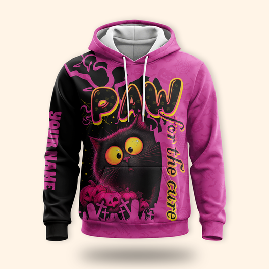 Personalized Cat Hoodie – Paw for the Cure Black Cat Pink Halloween Zip Up, Custom Choo