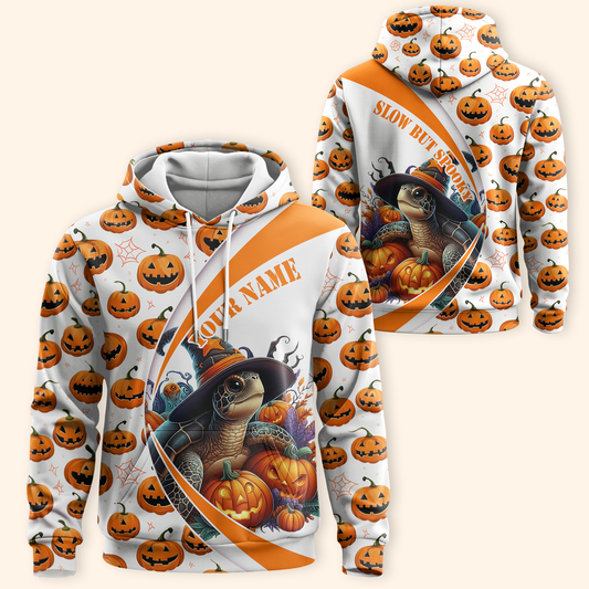 Slow But Spooky Turtle Hoodie – Halloween Pumpkin Zip Up, Custom Name Gift, Custom Choo