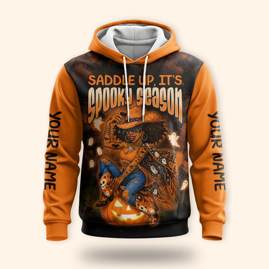 Personalized Spooky Season Hoodie – Cowboy Riding Pumpkin Halloween Jacket, Custom Choo