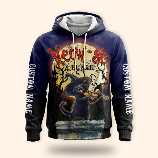 Personalized Halloween Cat Hoodie – Meow-sic of the Night Custom Name Zip Up, Custom Choo