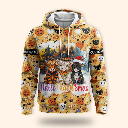 HalloThanksmas Hoodie – Funny Cow Family Halloween Thanksgiving Christmas Sweater, Custom Choo