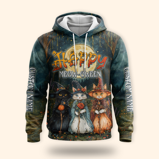 Happy Meow-Oween Hoodie – Halloween Cat Witch 3D Zip Up – Custom Name Hoodie, Custom Choo