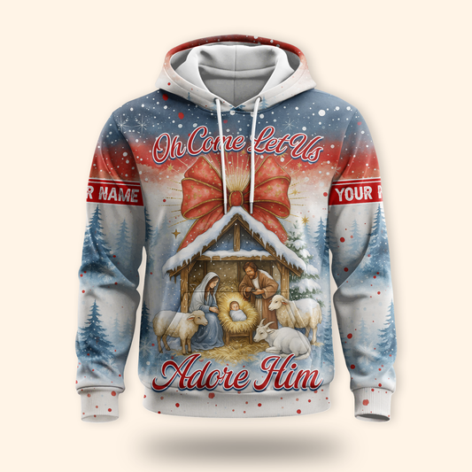 Christian Christmas Hoodie – Oh Come Let Us Adore Him Nativity Scene, Personalized Holiday Zip Up, Custom Choo