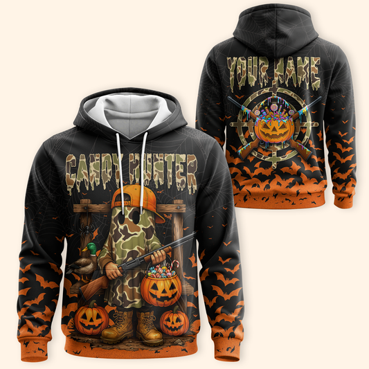 Candy Hunter Halloween Hoodie – Funny Ghost Hunter with Pumpkins & Candy, Custom Name, Custom Choo
