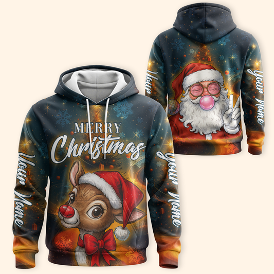 Personalized Merry Christmas Hoodie – Cute Santa & Reindeer Zip Up, Custom Name Holiday Gift, Custom Choo