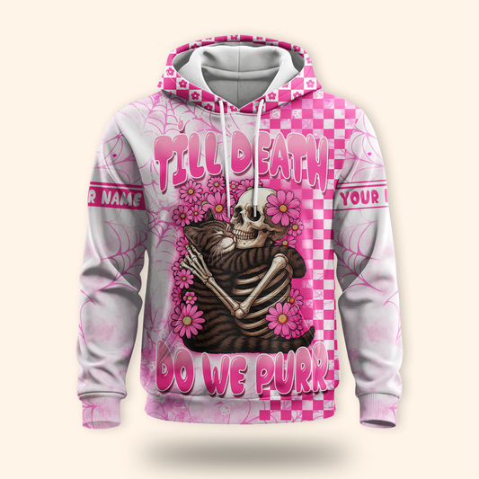 Personalized Cat Skeleton Hoodie – Till Death Do We Purr Pink Gothic Zip Up, Custom Choo