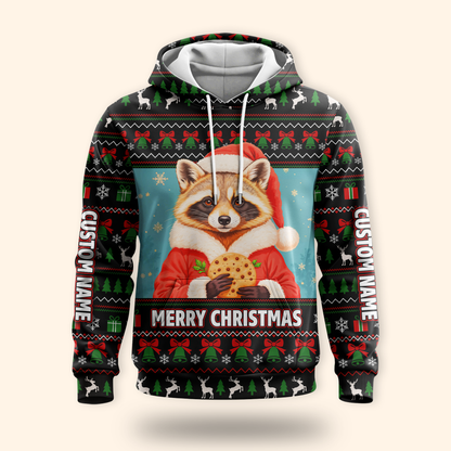 Personalized Raccoon Christmas Hoodie – Cute Merry Christmas Zip Up