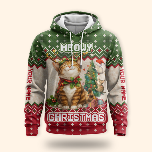 Personalized Merry Christmas Cat Hoodie – Cute Holiday Zip Up, Custom Name Gift for Cat Lovers, Custom Choo